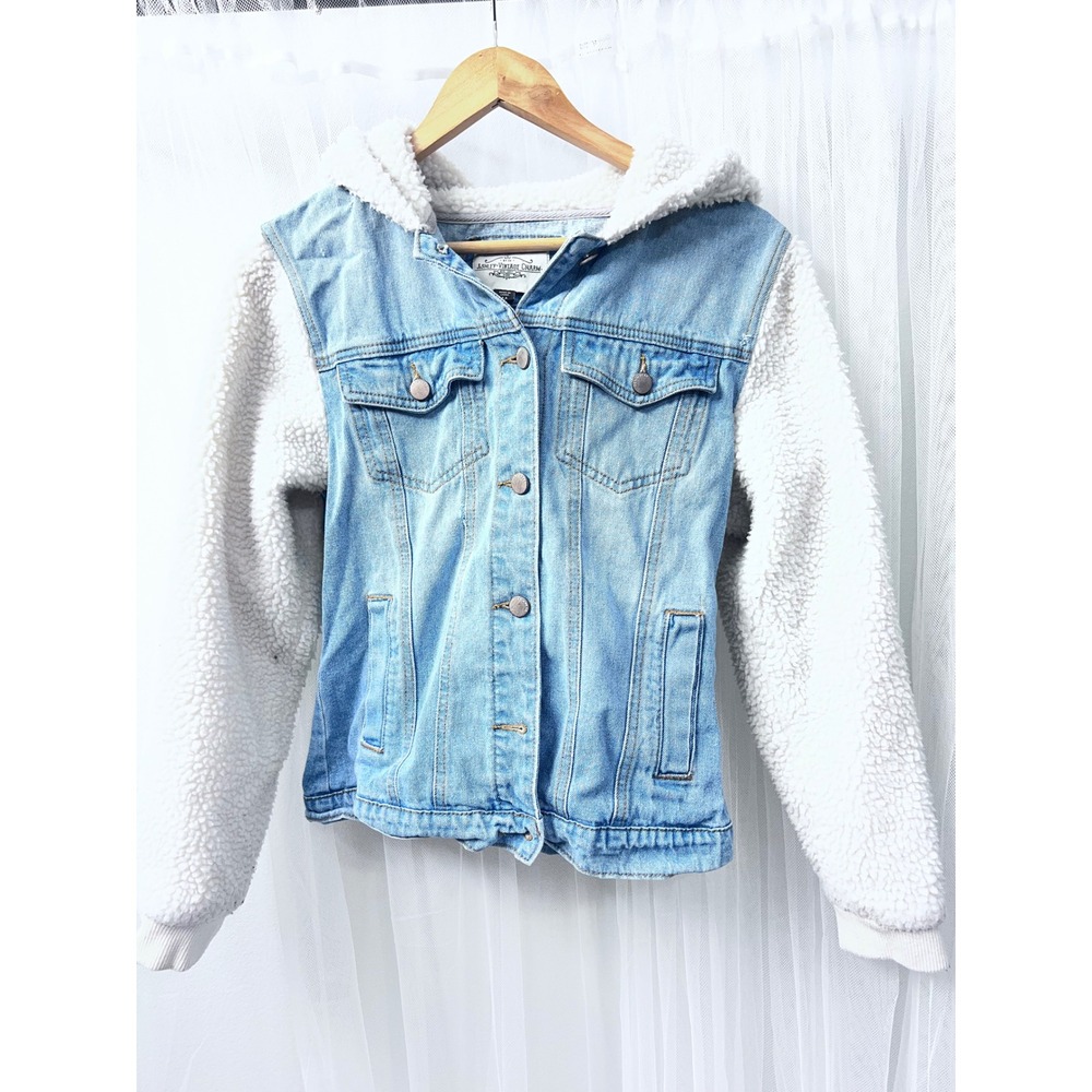 Ashley Vintage Charm Womens Denim Sherpa Hoodie Jacket Blue White Medium M